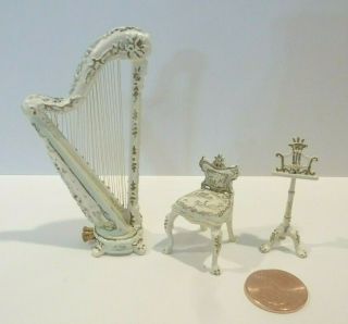 Bespaq 1/2 " Scale Dollhouse Miniature Painted Harp,  Chair & Music Lovely Set