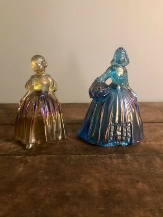 Vtg Wheaton Blue/amber Carnival Glass Colonial Woman W/ Flower Basket Figurine