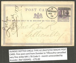 1/2d Post Card Dundee Dotted Circle 1878 Code K Royal Bank Of Scotland