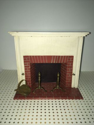 Antique Vintage Dollhouse Tynietoy Brick Fireplace With Accessories