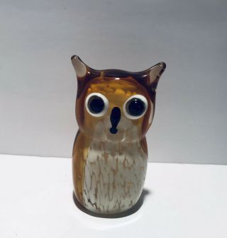 Art Glass Owl Figurine Paperweight Hand Blown 4.  25” Euc