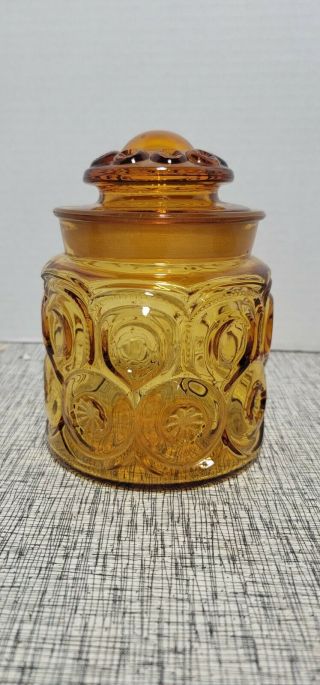 Vintage Le Smith Moon & Stars Amber Glass Apothecary Canister 6.  5 " Sugar Coffee