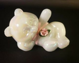 Fenton Art Glass Iridescent White Bear With Pink Porcelain Rose Sticker