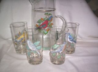 Vintage West Virginia Glass Company Song Birds Pitcher & 4 Tumbler Glasses Set