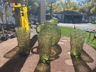 Vintage Anchor Hocking Milano 5 Piece Set Pitcher And Tumblers - Avocado Green
