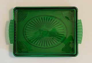 Vintage Avon Emerald Accent Glass 10 X 8 " Vanity Tray Plate Art Deco Fan Design