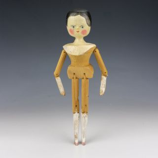 Antique Carved Wood & Hand Painted Folk Art Peg Doll - Slight Damage But Lovely