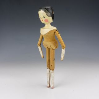 Antique Carved Wood & Hand Painted Folk Art Peg Doll - Slight Damage But Lovely 3