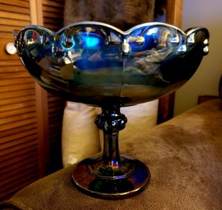Vintage Indiana Blue Carnival Glass Compote Large Fruit Pedestal Bowl