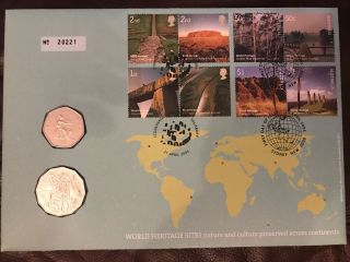 Gb Fdc Pnc Unc 50p Australia World Heritage Stonehenge & Sydney Postmark 21.  4.  05