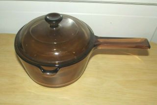 Corning Vision Ware Amber Glass 1 Liter Sauce Pan Pot W/ Spout & Pyrex Lid U.  S.  A