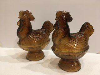 2 - Indiana Glass Amber Vintage Rooster Hen On A Nest Covered Candy Dish Nesting.