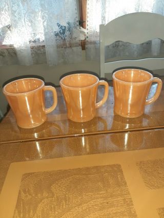 Set Of 3 Vintage Fire - King Peach Lustre D Handle Coffee Cups Mugs Iridescent