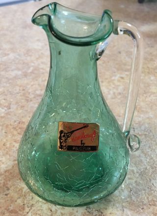 Vintage Pilgrim Hand Blown Crackle Glass Pitcher With Clear Glass Handle