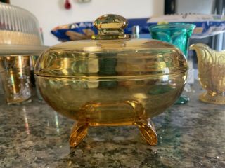 Vintage Viking Glass ? Candy Dish With Lid In Amber Glass