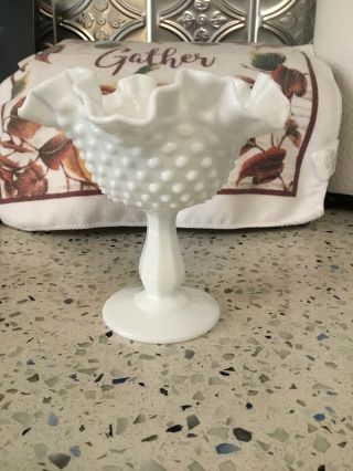 Vintage Fenton White Hobnail Milk Glass Footed Compote W/ruffled Edge 3628