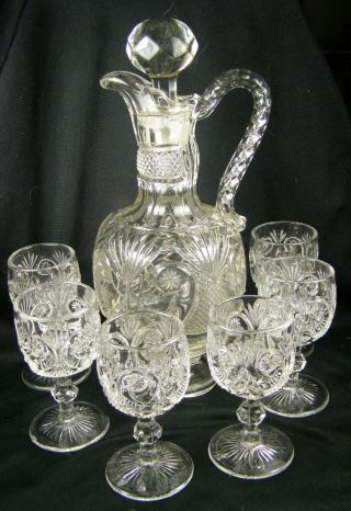 Eapg Early American Glass Starred Scroll (crescent & Fan) Decanter Set & Glasses