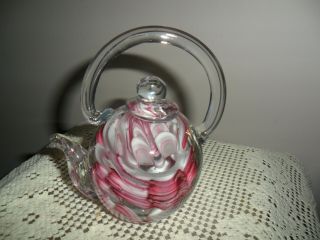 Hand Blown Art Glass Teapot Paperweight Pink Ribbon Ruffle Applied Handle