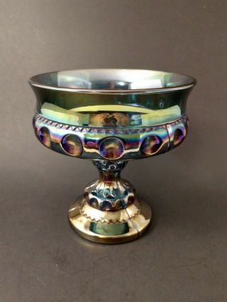 Vintage Blue Carnival Glass Candy Dish Compote Indiana Glass Pedestal Iridescent