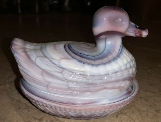 Vintage Imperial Purple Slag Glass Duck On A Nest Covered Dish W/ Labels