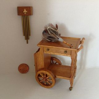Rare 1:12 Scale Bespaq Dollhouse Miniature Tea Cart,  Feather Duster & Door Bell.