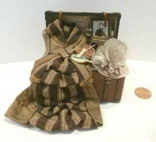 Joyce Bernard Dollhouse Miniature Trunk Filled With Ladies Items Dress,  Hat Etc.