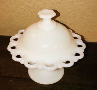 Vintage Milk Glass Lace Edge Pedestal Footed Candy Dish Compote With Lid