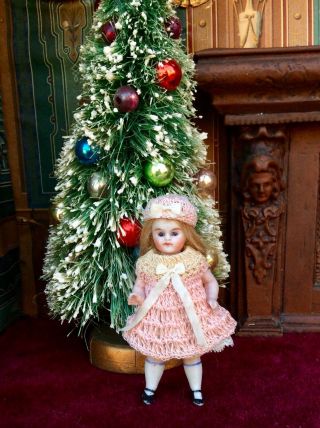 Antique German All Bisque Dollhouse Doll Miniature Mignonette Brown Glass Eyes