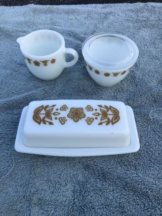 Corelle Butterfly Gold Sugar And Creamer,  Butter Dish
