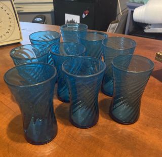Set Of Nine (9) Hand Blown Blue Glass Tumblers/drinking Glasses.  Vintage.  5”