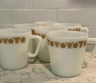 Set Of 6 Vintage Pyrex Milk Glass Butterfly Gold Corelle Coffee Mugs/cups
