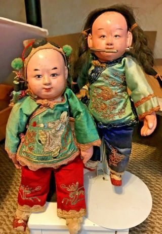 Set Of Two Rare Antique Qing Dynasty Chinese Dolls In Elaborate Dress