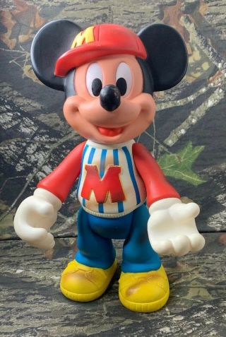 Vtg Rubber Plastic Mickey Mouse Baseball Posable Head Arms Legs 12” Toy Doll Dn