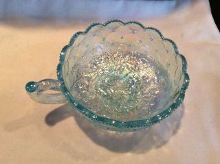 Imperial Iridescent Ice Blue Carnival Glass Quilted Pansy Round Candy Nappy Dish