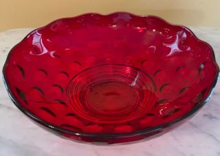 Fenton Ruby Red Footed Bowl With Thumbprint Pattern And Scalloped Edge Unmarked