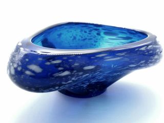 Vintage Cobolt/bristol Blue & White Spatter Glass Hand Blown Art Glass Bowl/dish