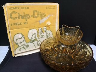 Vintage Anchor Hocking 3 Piece Chip And Dip Set Honey Gold