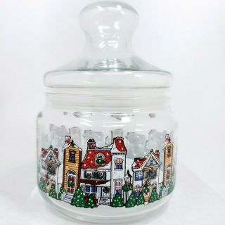 Vintage Clear Glass Old Fashioned Christmas Village Sugar Bowlb Jar & Lid