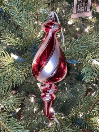 Red And White Candy Cane Swirl Blown Glass Tear Drop Christmas Ornament