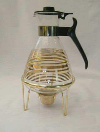 Vintage Pyrex Glass Coffee Carafe/pot Black Handle Gold Lines W/candle & Stand