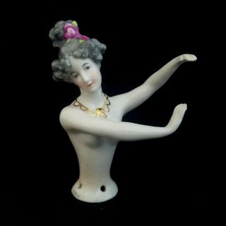 Vintage 1920s German Porcelain Half Doll Nude Lady Arms Out Gilt Necklace