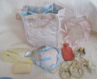 Vintage Child’s Doll Quilted Vinyl Drawstring Diaper Bag With Accessories - Tag