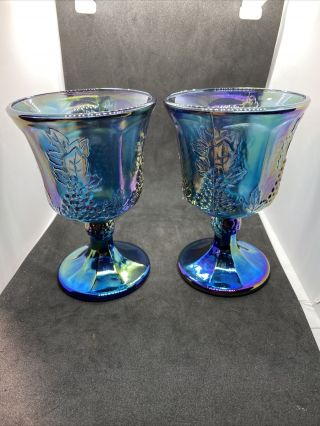 Set Of 2 Grape Harvest Blue Iridescent Carnival Glass Goblets 5.  25” Tall