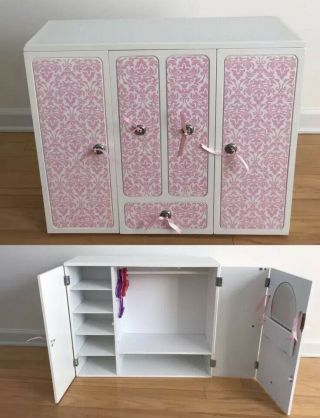 American Girl Our Generation Doll Wardrobe Closet Armoire White Pink Wooden 3