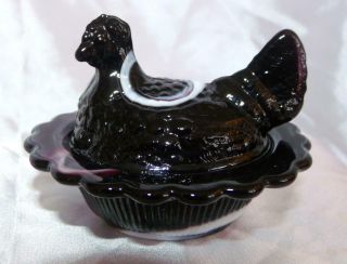 Dark Purple Black & White Slag Glass Hen On Nest Chick Salt Dish Ring Holder Wow