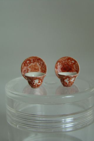 Vintage Artisan Jean Yingling Miniature Porcelain 18th Century Tea Bowls/saucers