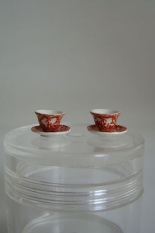 Vintage Artisan Jean Yingling Miniature Porcelain 18th Century Tea Bowls/Saucers 2