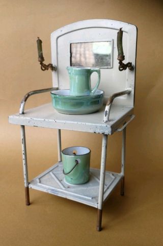 Vintage Antique Bathroom Dollhouse Tin Wash Stand Porcelain Bowl By Goso Germany