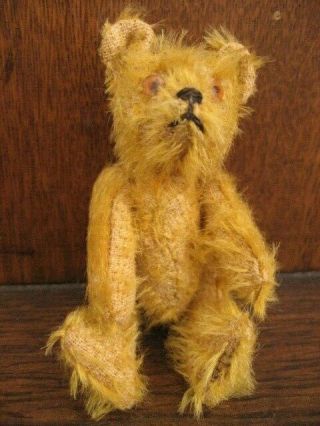 Antique Vintage Small 4 " Fully Jointed Honey Mohair Teddy Bear W/ Glass Eyes