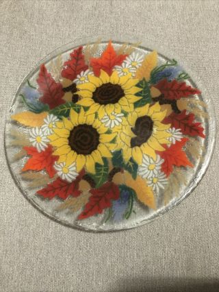 Peggy Karr Fused Glass Autumn Sunflower 11” Plate - Signed & Retired